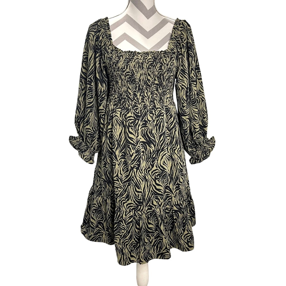 &merci Mini Dress‎ Square Neck Long Sleeve Tiered Dress Black Green Zebra S
